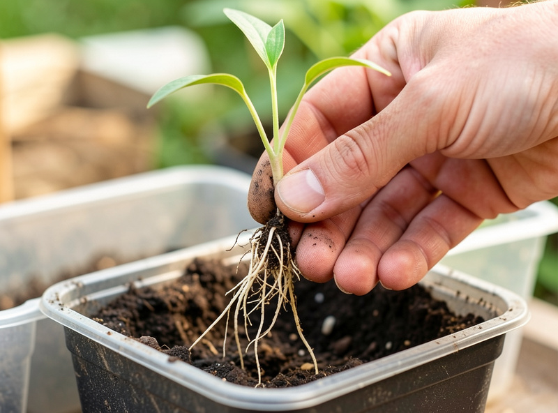 Hand gently lifting a thinned seedling with roots intact to transplant it into a new cell
