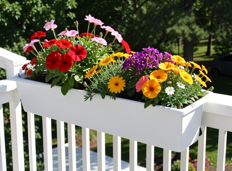 White rectangular flower boxes mounted on a white wooden deck railing with bright annual flowers in summer sunlight
