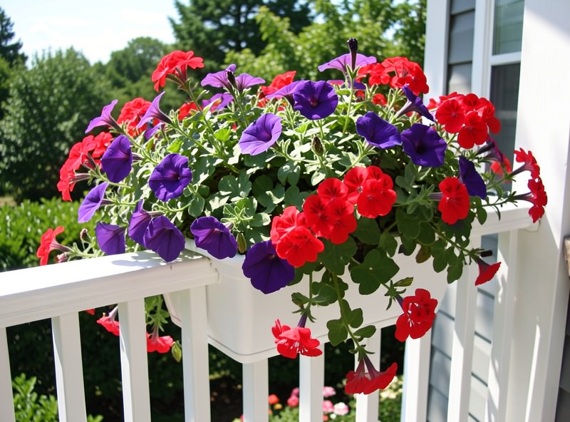 Close-up of a white railing flower box with petunias and geraniums cascading over the edge