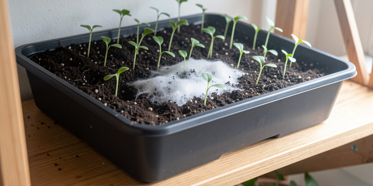 Seedling tray on a Nordic shelf with a patch of white fuzzy mold on the dark seed-starting soil surface