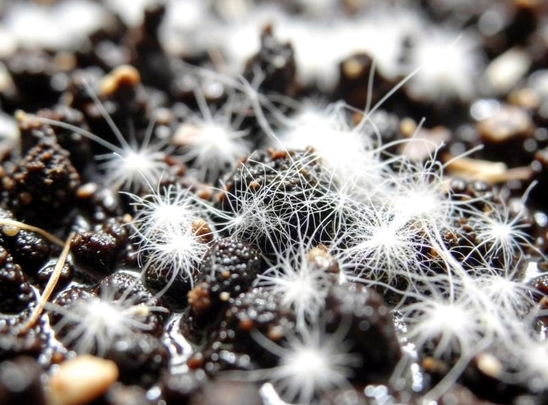 Extreme close-up of white fuzzy mold mycelium growing across wet dark seed-starting soil surface