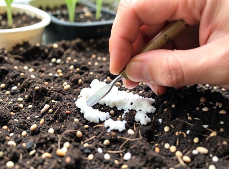 Hand using a small tool to gently scrape white mold off the surface of seedling soil