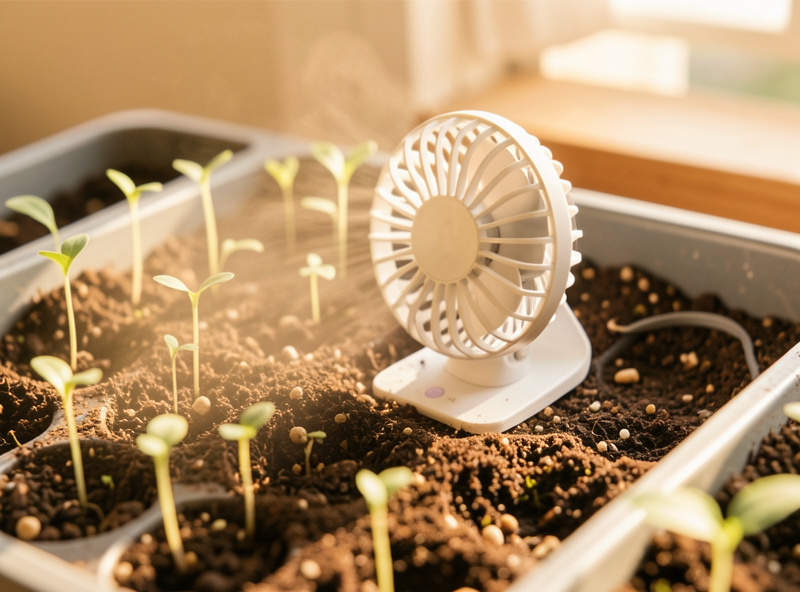 Small clip fan providing gentle airflow across a seedling tray to dry the soil surface