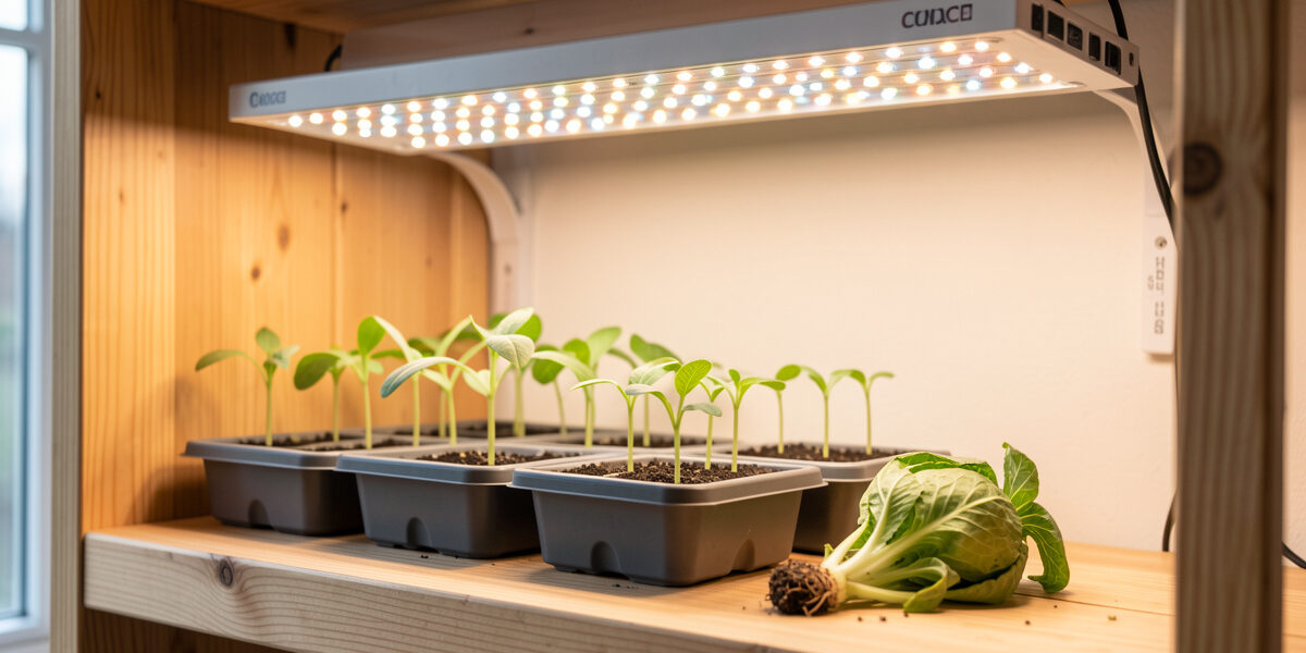 Seedling trays under a full-spectrum LED grow bar on a Nordic apartment shelf, one wilted seedling among healthy green seedlings