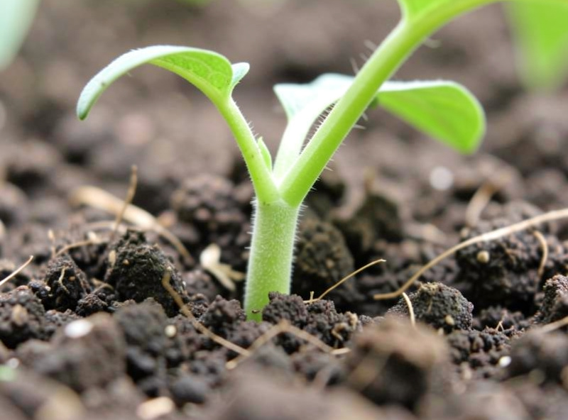 Close-up of a tomato seedling toppled and pinched at the soil line
