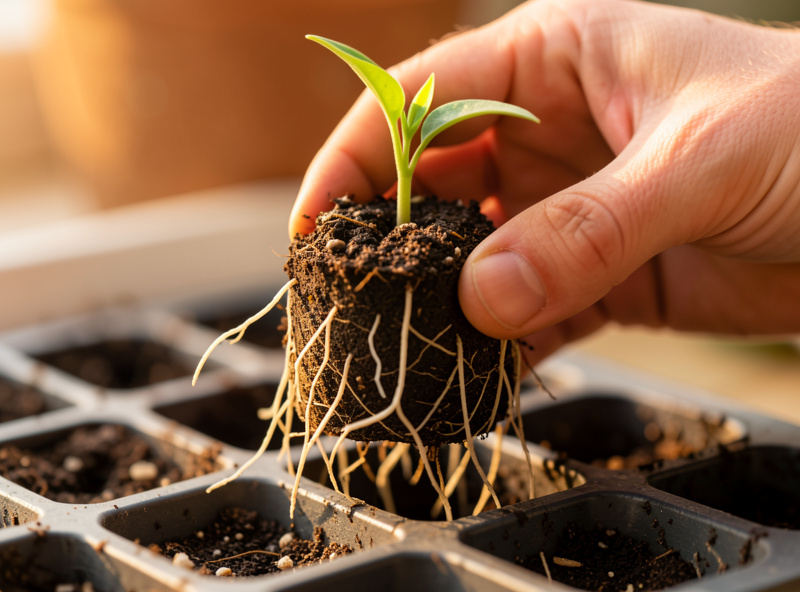 Hand lifting a tight pale root ball from a cell tray