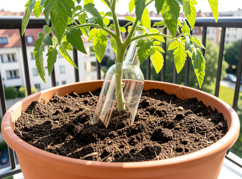 Empty glass wine bottle turned upside down and pushed neck-first into the soil of a large container tomato plant on a balcony