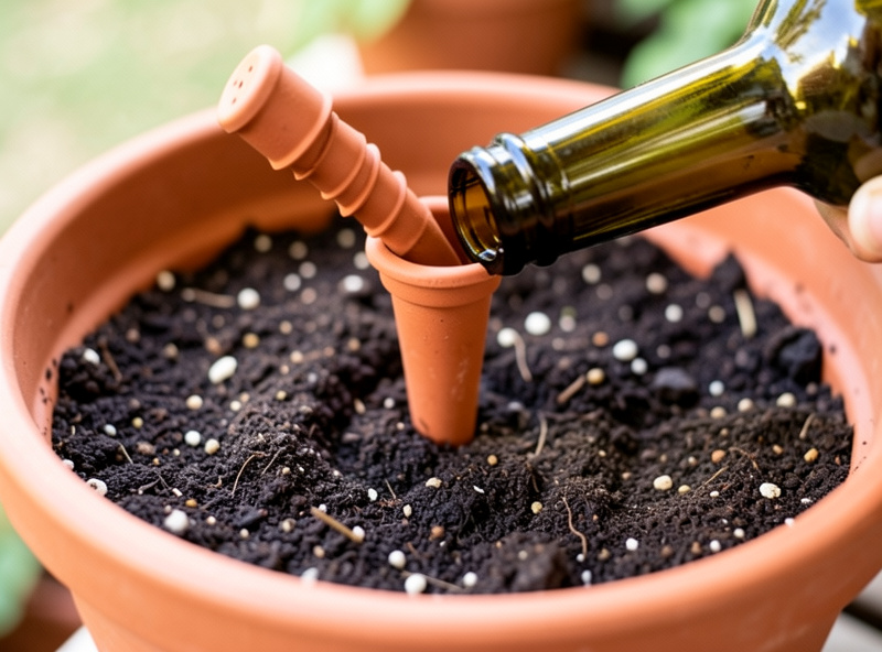 A terracotta watering spike screwed onto the neck of a wine bottle ready to be inserted into a plant pot