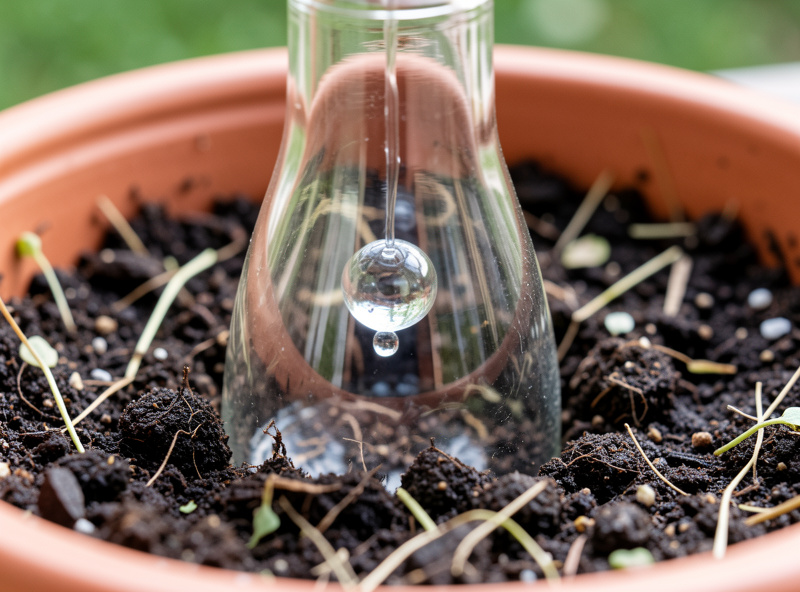 Close-up of the neck of an inverted glass bottle buried in moist dark soil of a herb pot with an air bubble rising inside