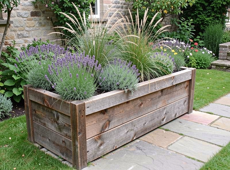 Rustic wooden sleeper planter in a cottage garden with lavender and ornamental grasses