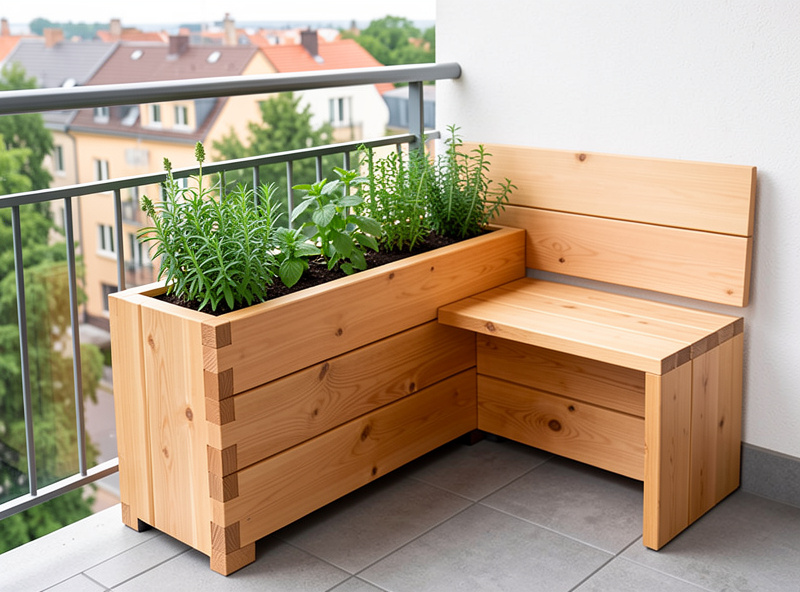 Modern wooden sleeper planter with integrated bench seating on a Scandinavian balcony, cedar with dovetail joints