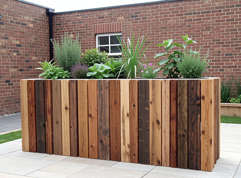 Vertical sleeper wall raised garden bed with sleepers stood on end creating a tall modern planter